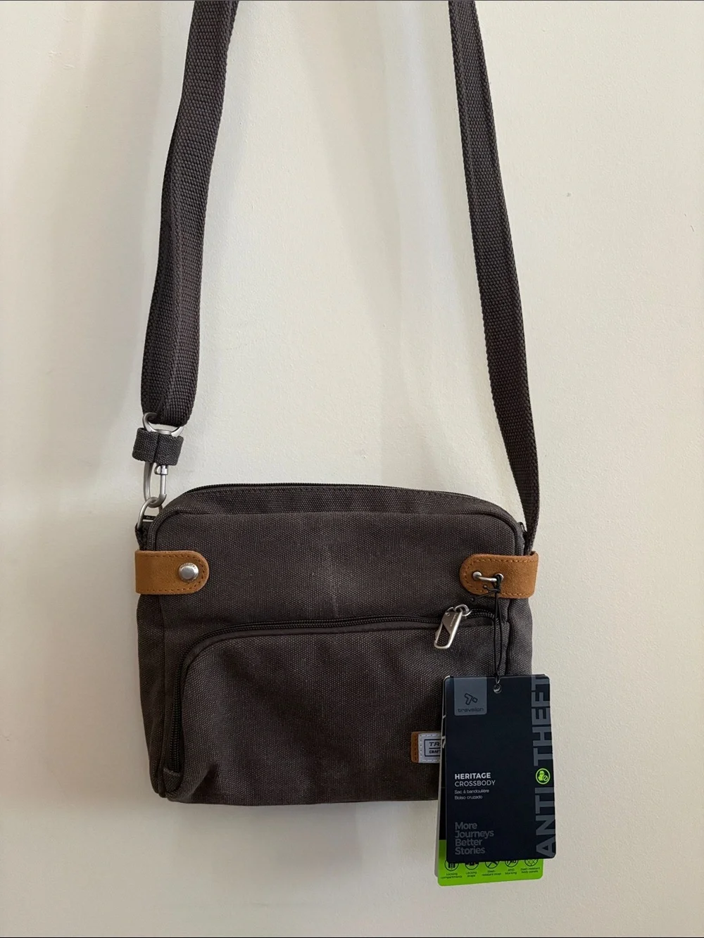 NWT Travelon Anti Theft Heritage Crossbody Travel Bag Pewter Canvas Suede Nickel